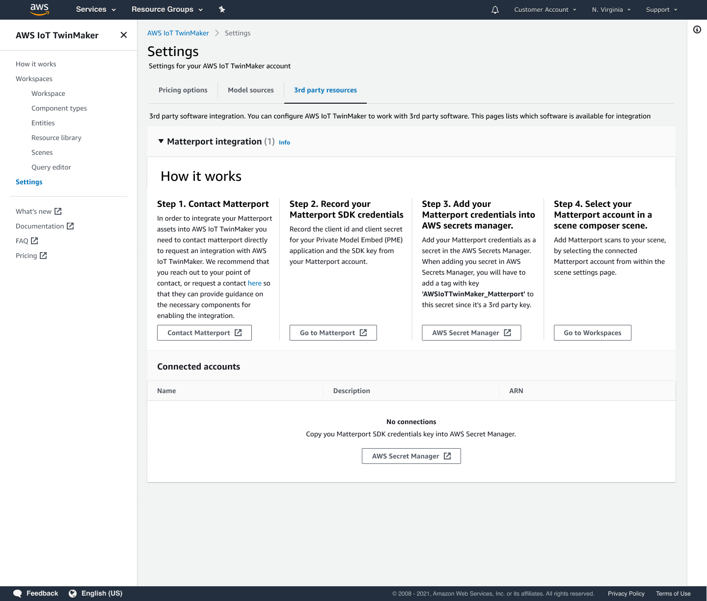 Die Seite mit den Einstellungen der AWS IoT TwinMaker Konsole, auf der die Matterport-Integrationsseite unter dem Tab Ressourcen von Drittanbietern angezeigt wird.